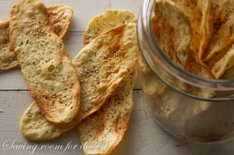 top view of crackers on table and in a jar