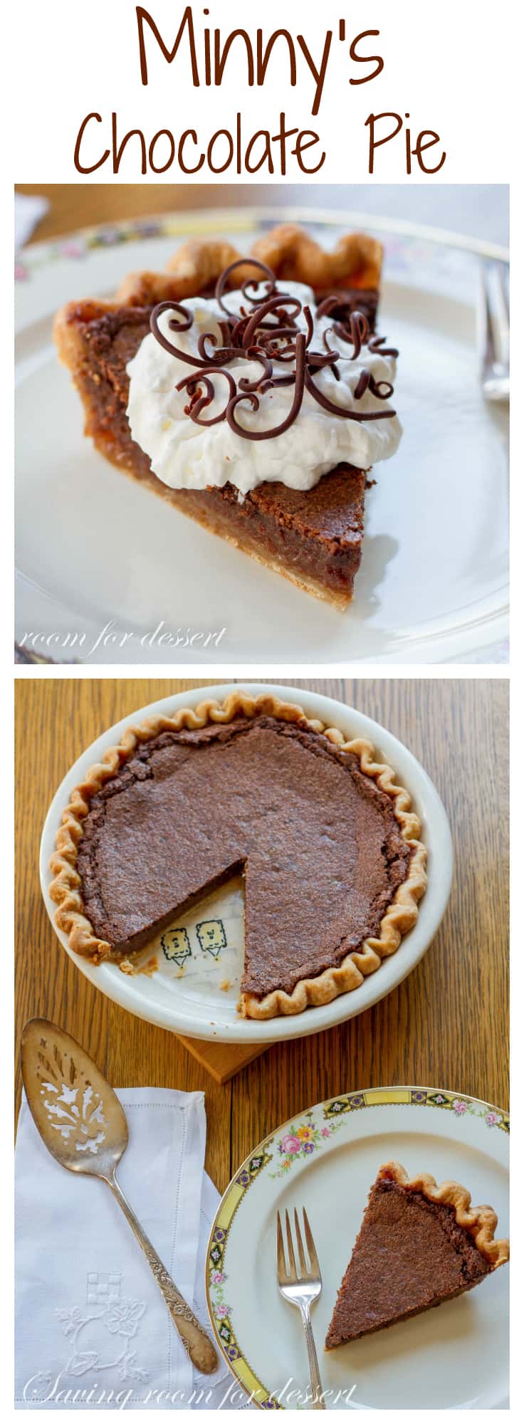 Minny's Chocolate Pie ~ from the hit movie "THE HELP" savingdessert.com #minny'schocolatepie #chocolatepie #pie #savingroomfordessert #thehelpchocolatepie