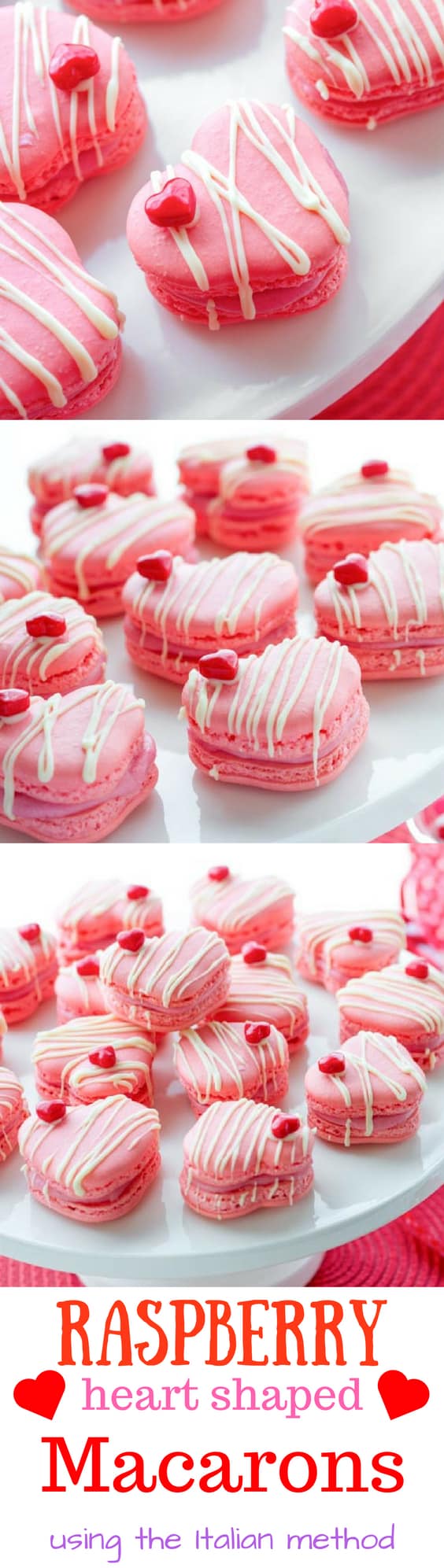 Raspberry Macarons - simple heart shaped macarons using the Italian method, with tips, tricks and how-to instructions for the best cookies. Filled with a fresh raspberry buttercream and topped with a drizzle of white chocolate. Great for Valentine's Day! www.savingdessert.com 