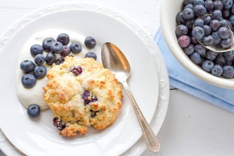 Blueberry Shortcakes with Whipped Cream Cheese ~ A lightly sweet and simple shortcake loaded with fresh, ripe blueberries, topped with raw sugar and served with cream cheese-whipped cream www.savingdessert.com