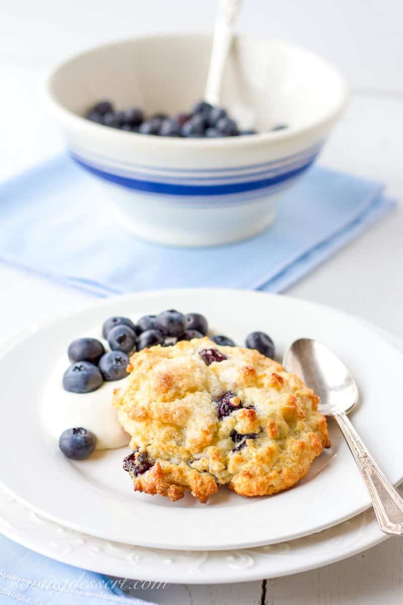 Blueberry Shortcakes with Whipped Cream Cheese ~ A lightly sweet and simple shortcake loaded with fresh, ripe blueberries, topped with raw sugar and served with cream cheese-whipped cream www.savingdessert.com