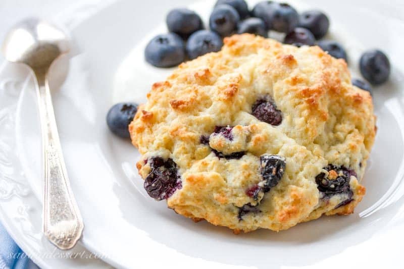 Blueberry Shortcakes with Whipped Cream Cheese ~ A lightly sweet and simple shortcake loaded with fresh, ripe blueberries, topped with raw sugar and served with cream cheese-whipped cream www.savingdessert.com