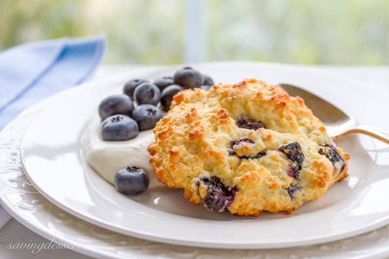 Blueberry Shortcakes with Whipped Cream Cheese ~ A lightly sweet and simple shortcake loaded with fresh, ripe blueberries, topped with raw sugar and served with cream cheese-whipped cream www.savingdessert.com