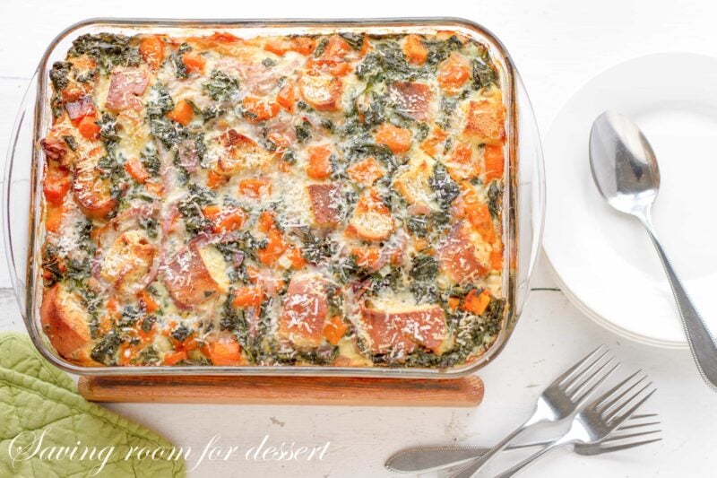 a Butternut Kale Strata in a casserole pan