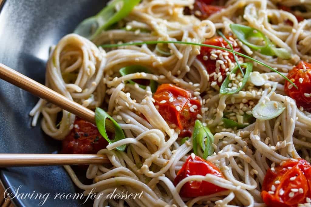 Miso-Roasted Tomatoes with Soba Noodles, ginger and lime