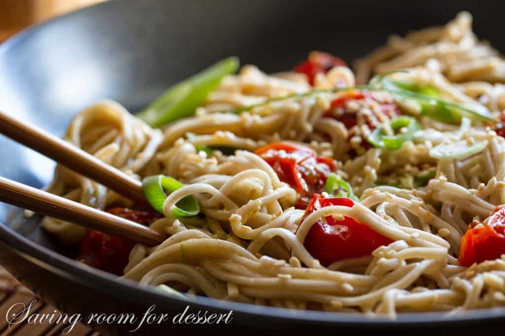 Miso-Roasted Tomatoes with Soba Noodles, ginger and lime