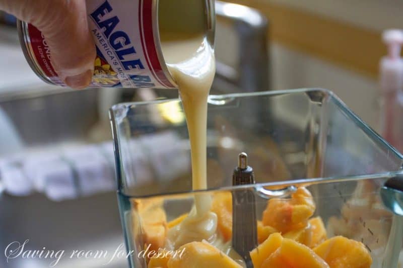 Sweetened condensed milk being poured into a blender