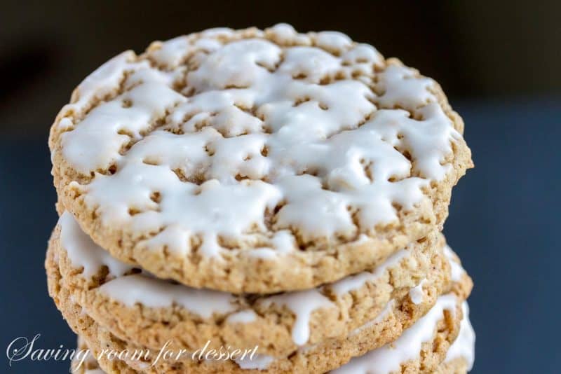 Closeup of an iced oatmeal cookie