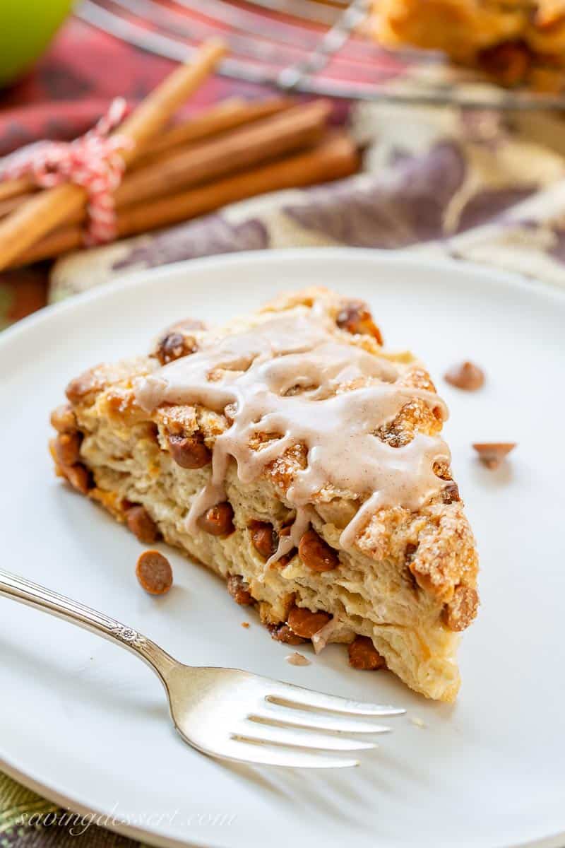 Apple Cinnamon Scone on a plate with cinnamon chips