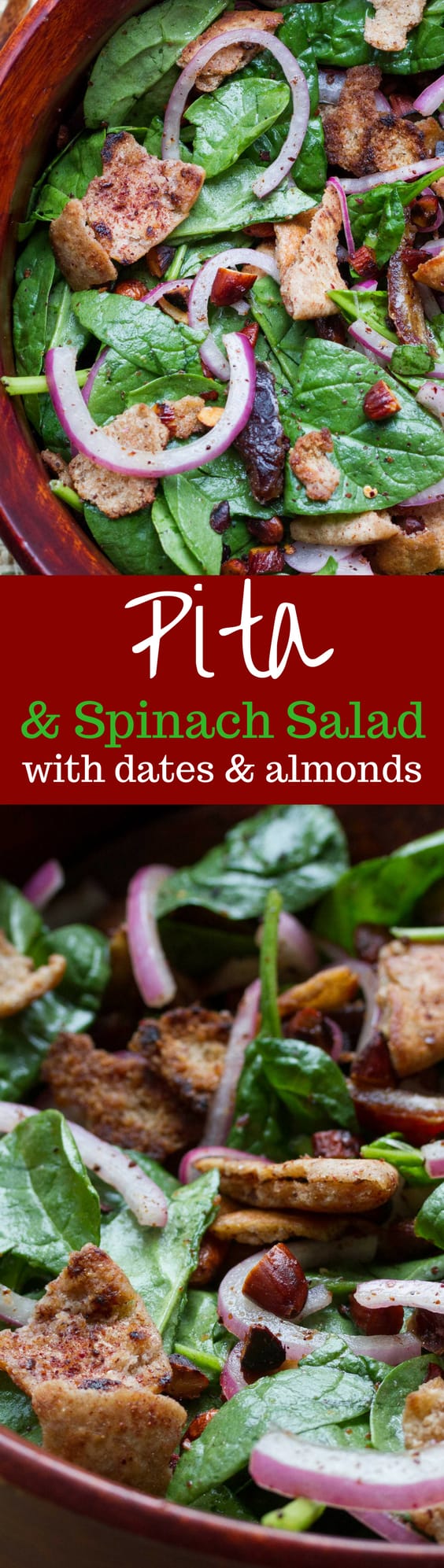 Pita Spinach Salad with Dates and Almonds - one of the best salads ever with a light olive oil dressing and vinegar soaked onions. A must try! www.savingdessert.com