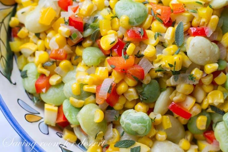 A bowl of summer succotash with lima beans, corn and peppers