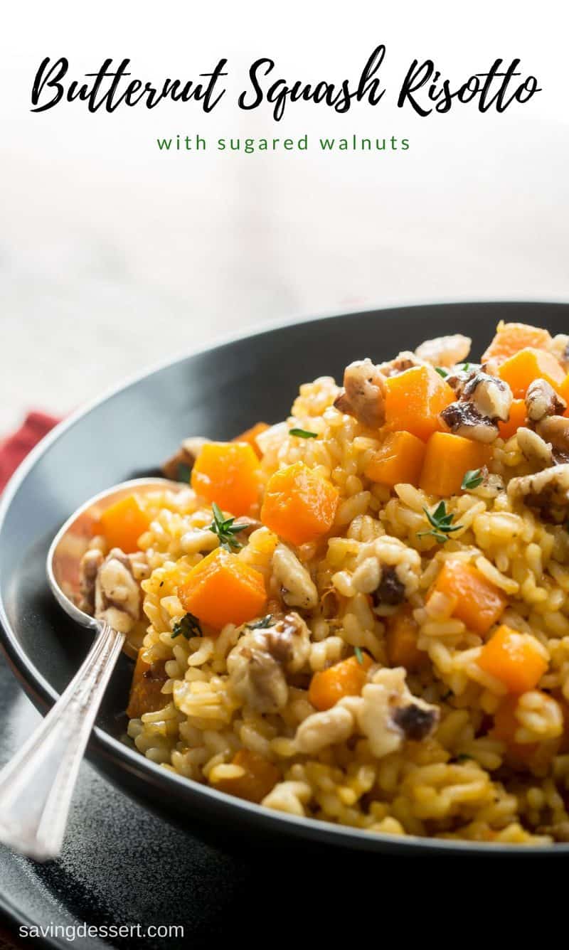 Butternut Squash Risotto with Sugared Walnuts - A delicious seasonal dish loaded with butternut squash, thyme and creamy Arborio rice.  Perfect as a hearty side or filling enough for a main dish. #savingroomfordessert #butternutsquash #squash #butternut #risotto 