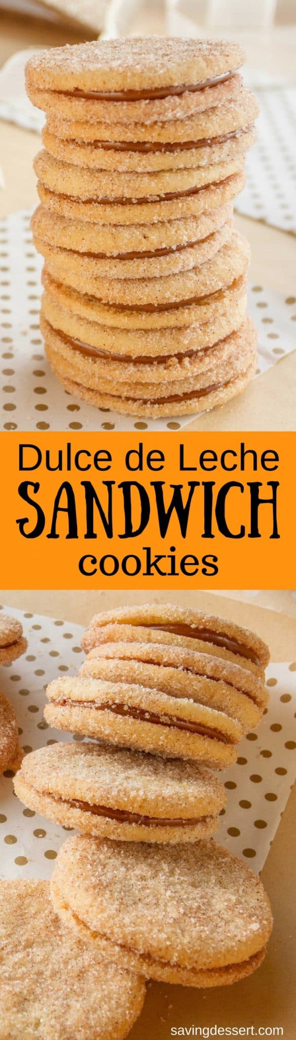 Dulce de Leche Sandwich Cookies with Cinnamon and Cardamom - a sweet, soft cookie coated with the warm flavors of cinnamon and cardamom then filled with a silky rich caramel. www.savingdessert.com #holidaycookies #cookie #dulcedeleche #sandwichcookies #savingroomfordessert