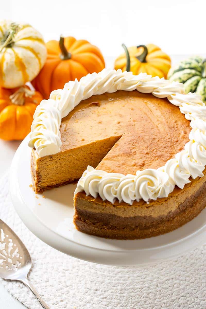 Sliced pumpkin cheesecake decorated with swirls of whipped cream