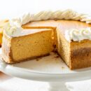 Closeup of a sliced pumpkin cheesecake