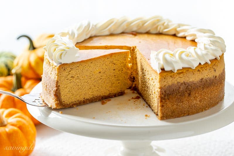 Closeup of a sliced pumpkin cheesecake