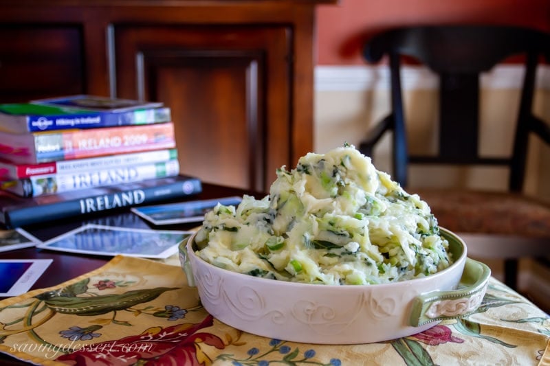 A bowl of traditional Irish colcannon. A dish with potatoes, kale, cabbage and scallions.