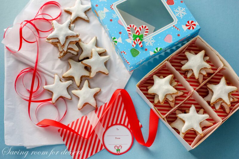 Zimtstern star cookies in a holiday box