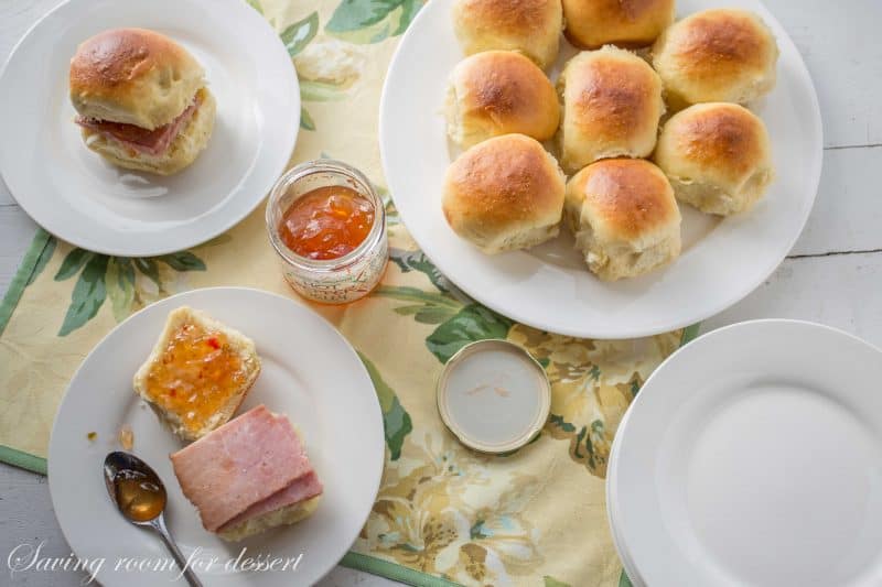 Easy Homemade Hawaiian Sweet Rolls -A lightly sweet roll flavored with pineapple juice for a hearty, fluffy, homemade treat that comes together in minutes. Terrific topped with ham, hot pepper jelly and your favorite cheese | www.savingdessert.com