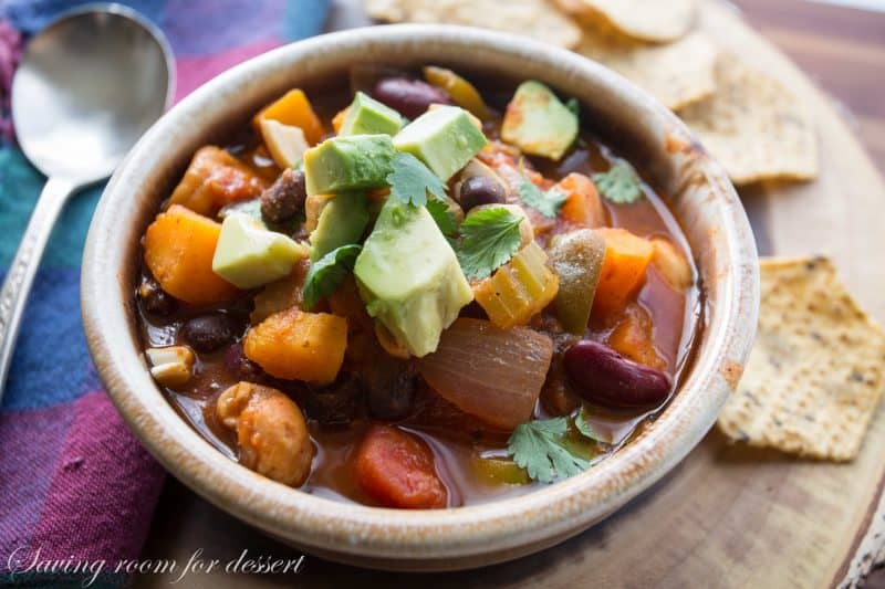 Butternut Cashew Chili ~ A delicious heart healthy, meatless chili with butternut squash and cashew nuts. www.savingdessert.com