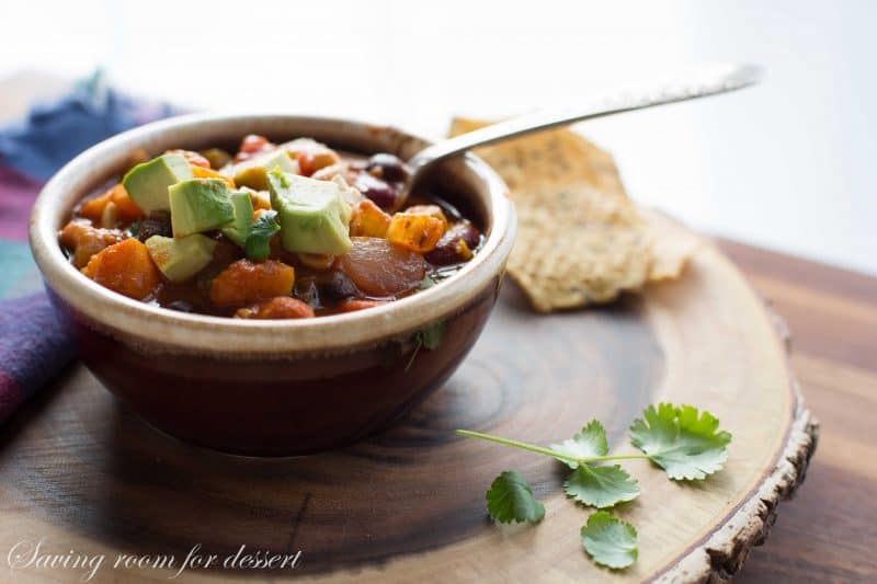 Butternut Cashew Chili ~ A delicious heart healthy, meatless chili with butternut squash and cashew nuts. www.savingdessert.com