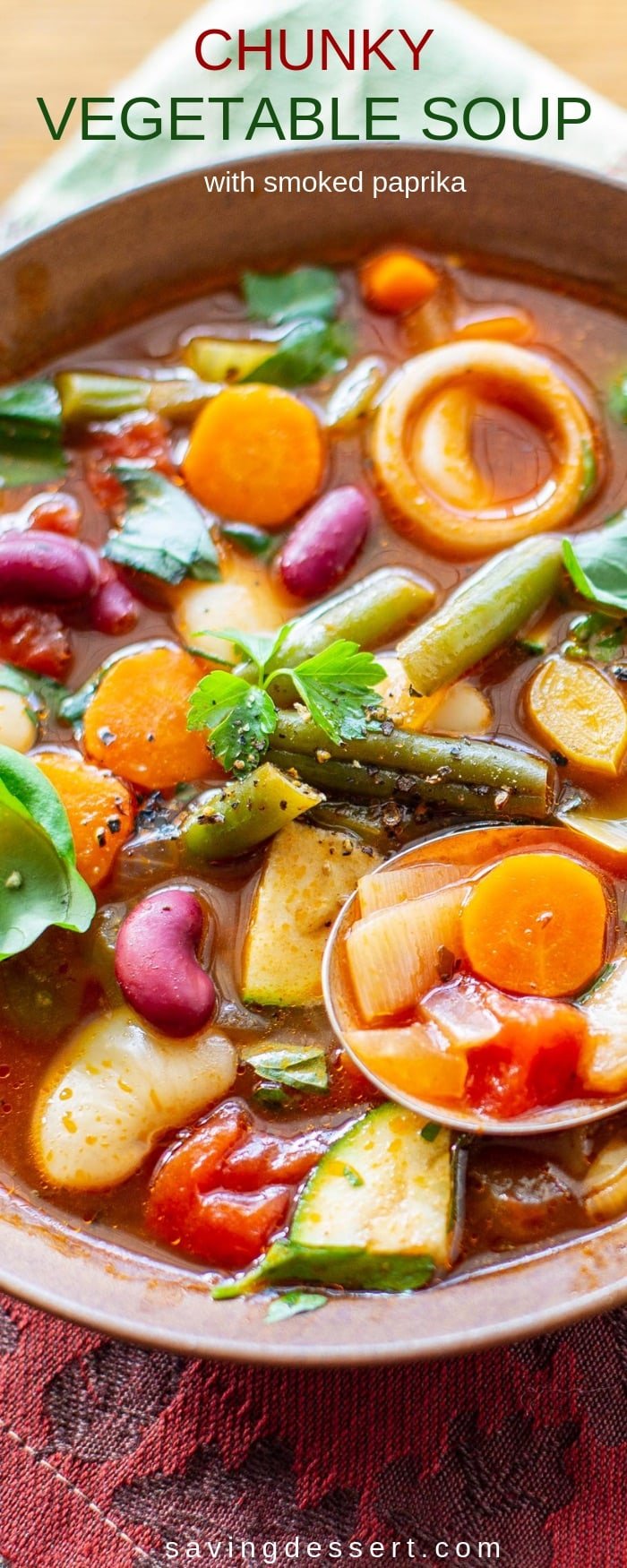 Chunky Vegetable Soup with Smoked Paprika - fresh hearty vegetables are the stars of this flavorful soup seasoned with balsamic vinegar and a dash of smoked paprika. #savingroomfordessert #heartysoup #soup #healthysoup #chunkysoup #vegetablesoup #wintersoup