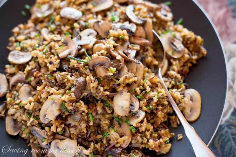 A bowl of wild rice and mushroom pilaf