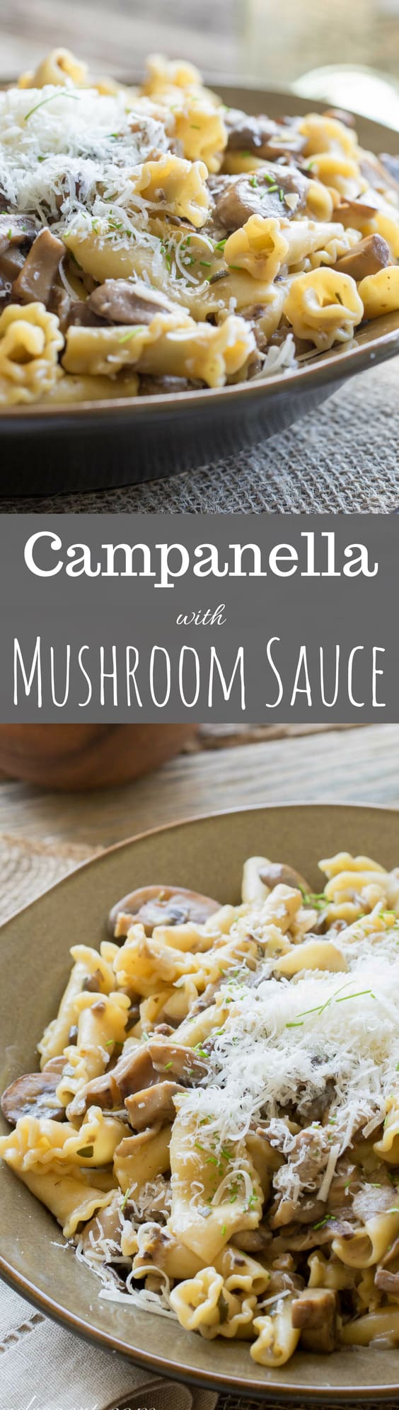 Campanella Pasta with a rich Mushroom Wine Sauce and grated Pecorino Romano- perfect for your meatless Monday dinner or as a hearty side dish.  www.savingdessert.com