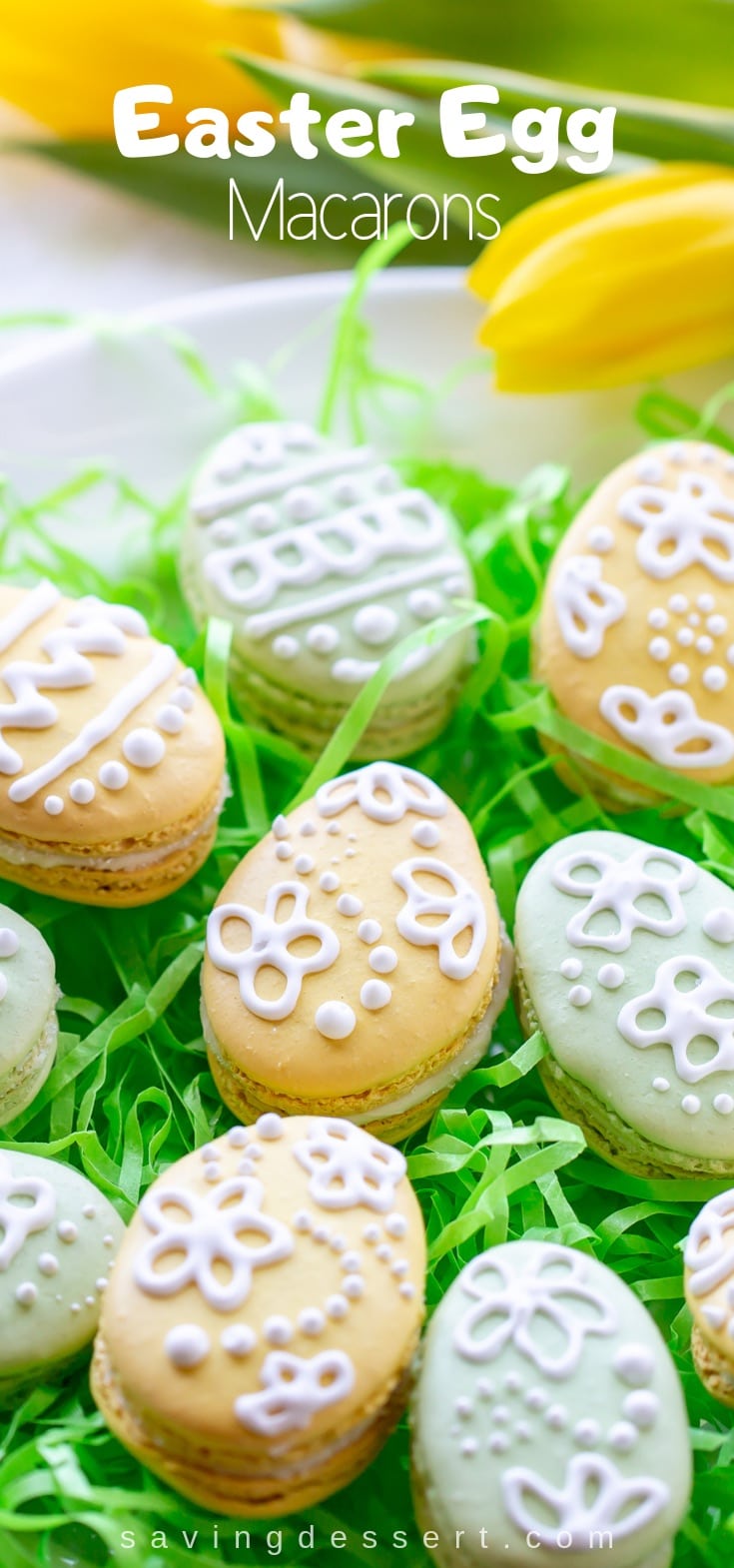Easter Egg Macarons with White Chocolate-Mint Ganache #easter #macarons #eastereggmacarons #eastereggcookies #cookies #meringuecookie #macaron #holiday #decoratedmacarons