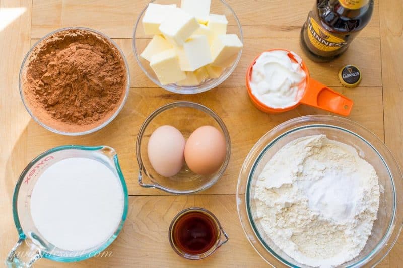 Ingredients set out on a cutting board for a Guinness Chocolate Cake