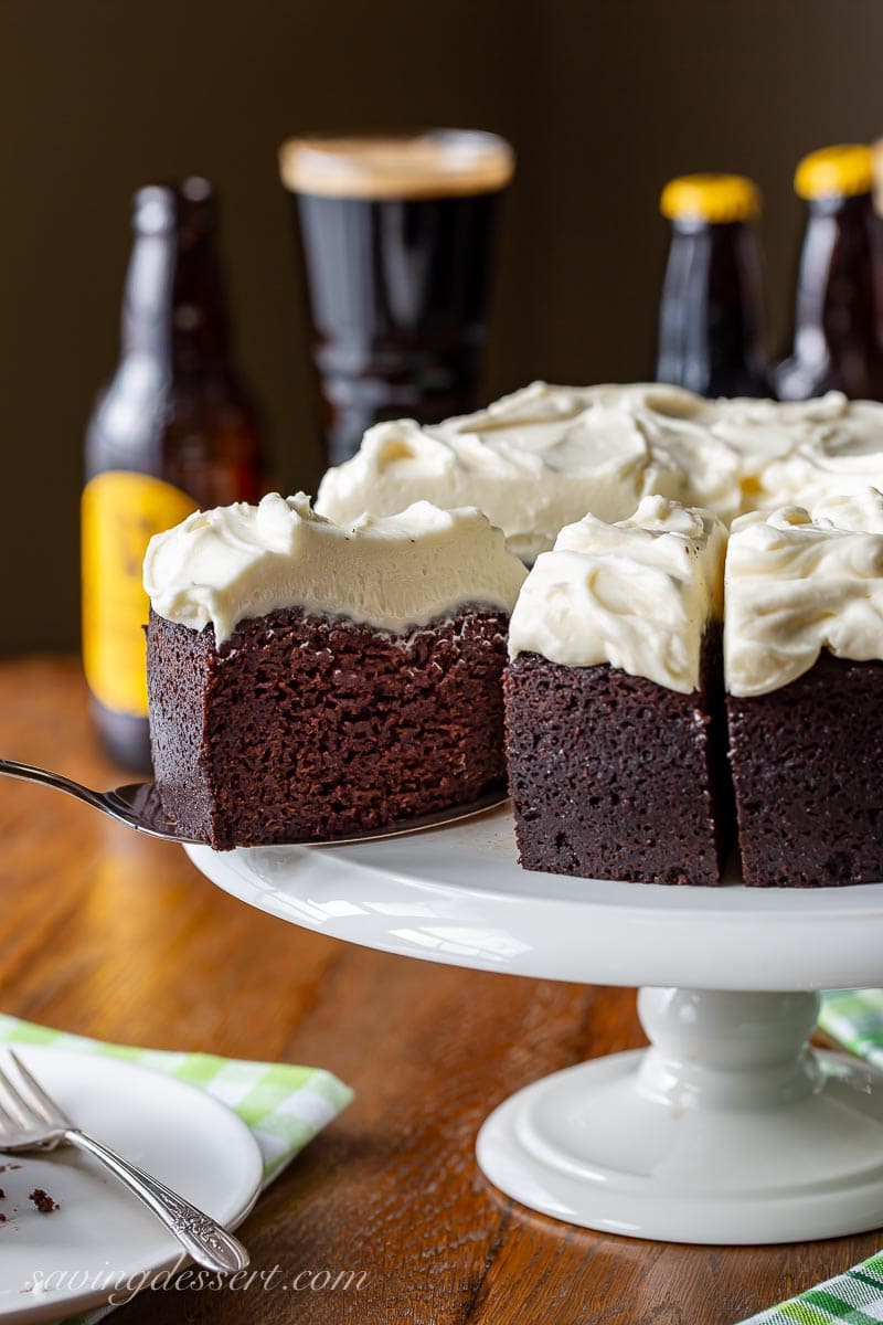 A slice of Guinness Chocolate Cake on a platter