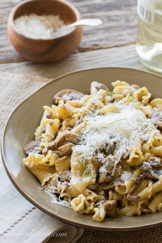 Campanella Pasta with a rich Mushroom Wine Sauce | savingdessert.com