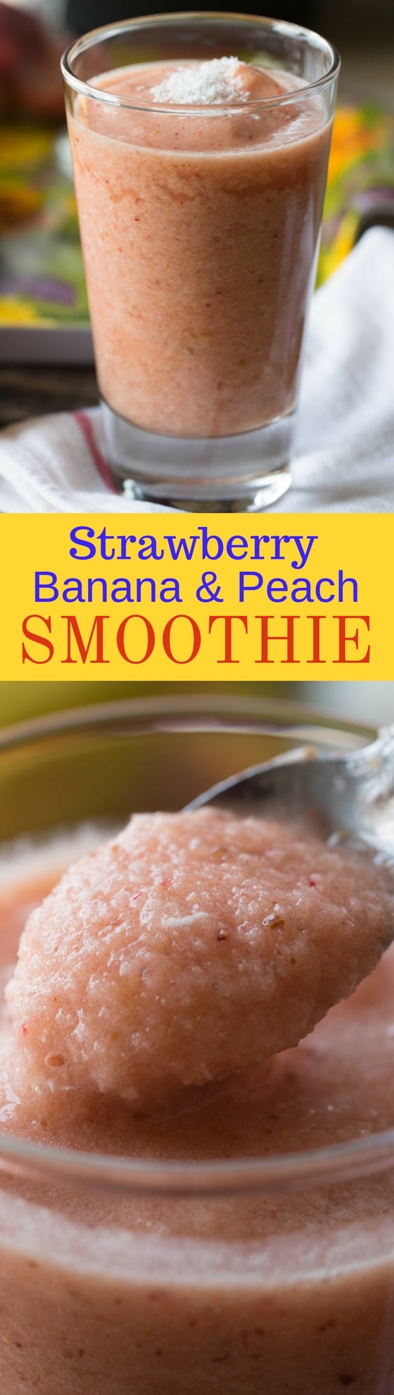 Strawberry, Banana & Peach Smoothie - Healthy, sweet, refreshing and satisfying - frozen fruit smoothies are the perfect treat! www.savingdessert.com