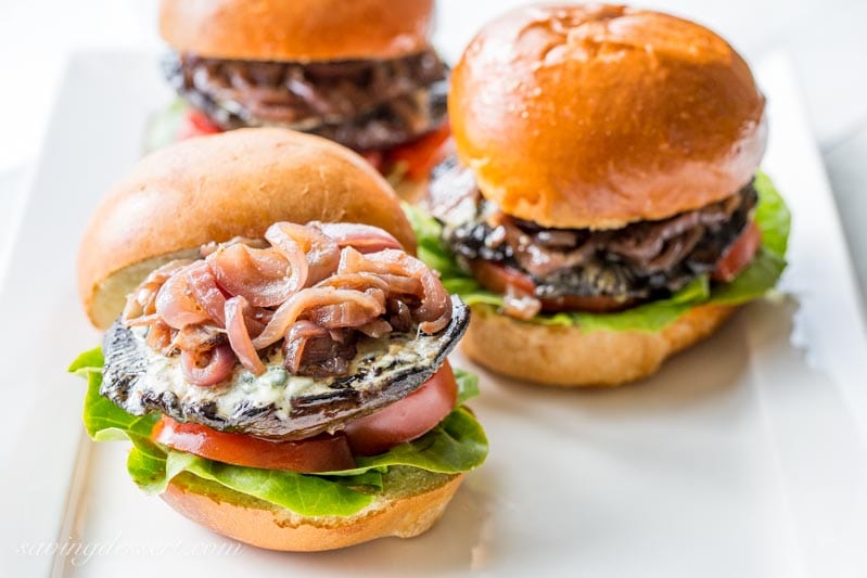 Grilled Portobello Burgers with Blue Cheese and Onions with lettuce and tomato