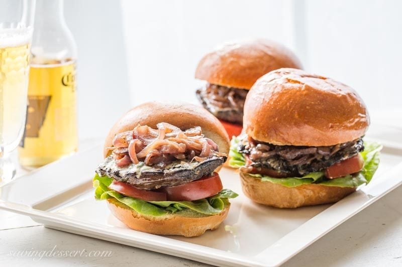 Grilled Portobello Burgers with Blue Cheese and Onions with lettuce and tomato