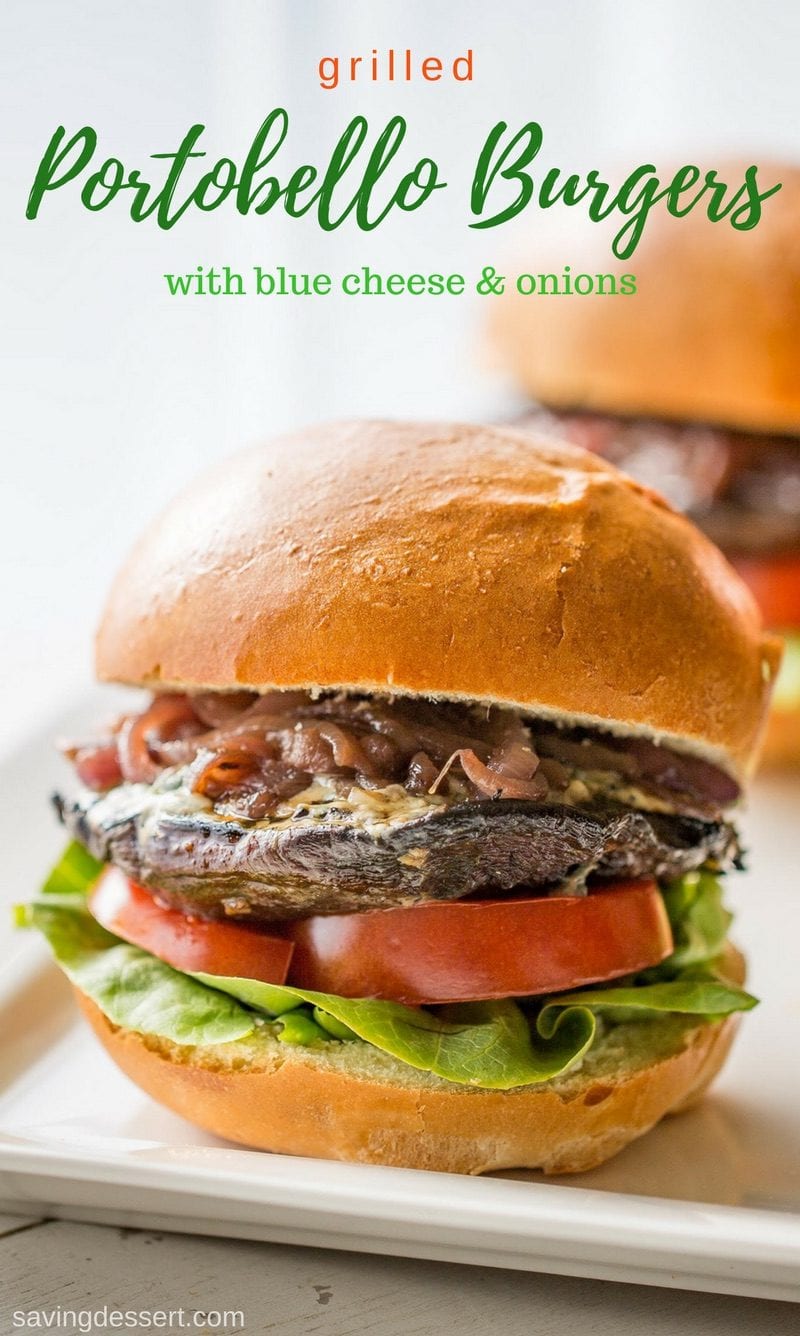 Grilled Portobello burgers with blue cheese and onions on a bun