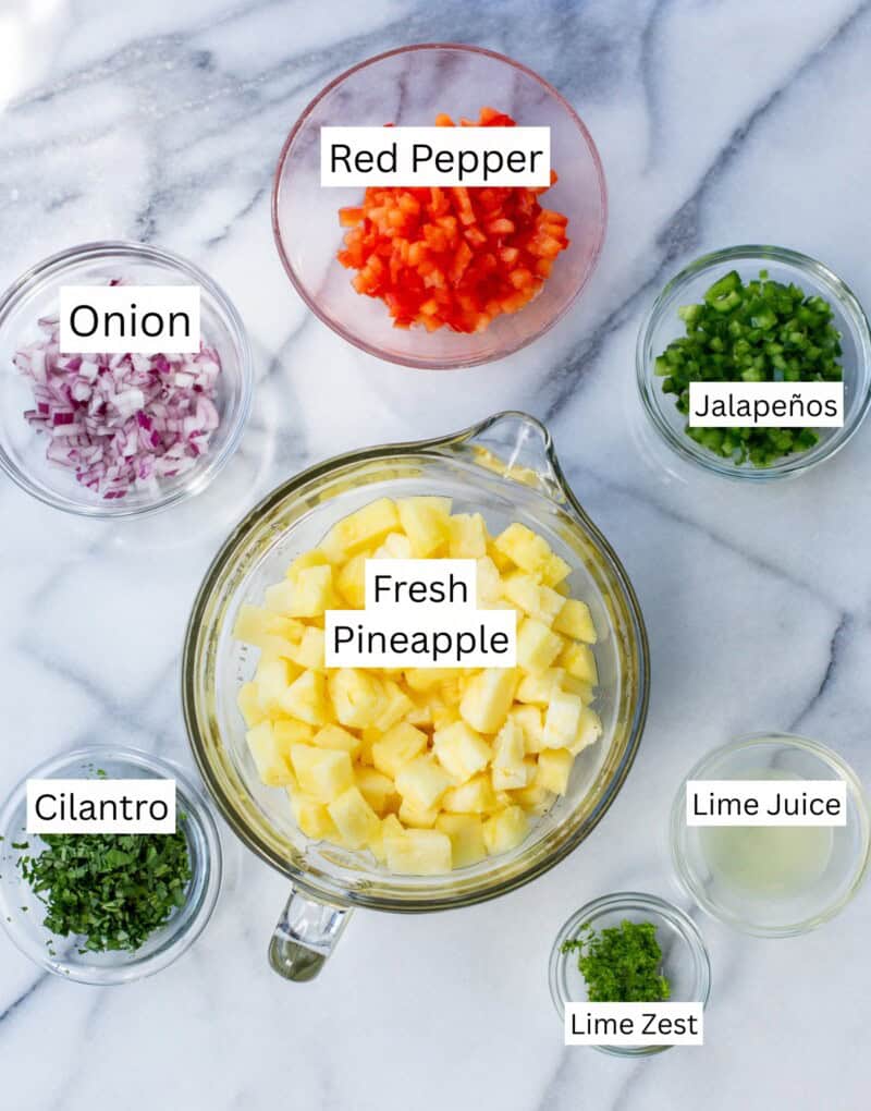A collage of ingredients used to make pineapple salsa.