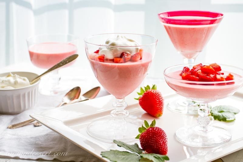 strawberry mousse with lemon whipped cream served in stemware topped with diced strawberries and whipped cream