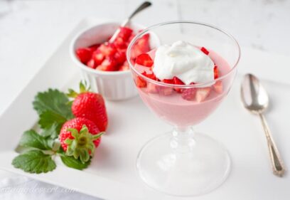 a glass dish filled with strawberry mousse