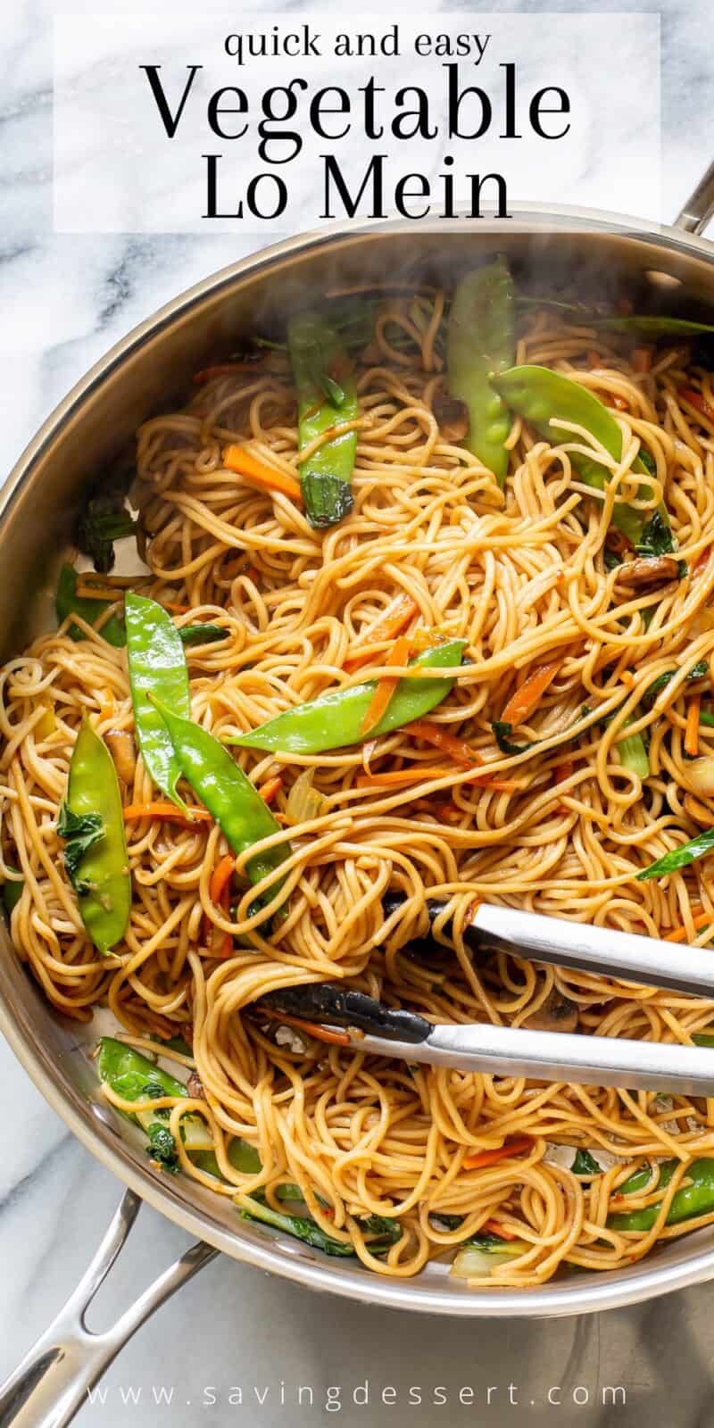 An overhead view of a skillet filled with Vegetable Lo Mein