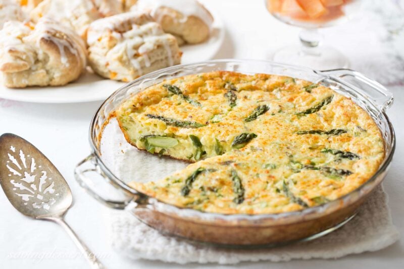 side view of a crustless asparagus cheese breakfast quiche