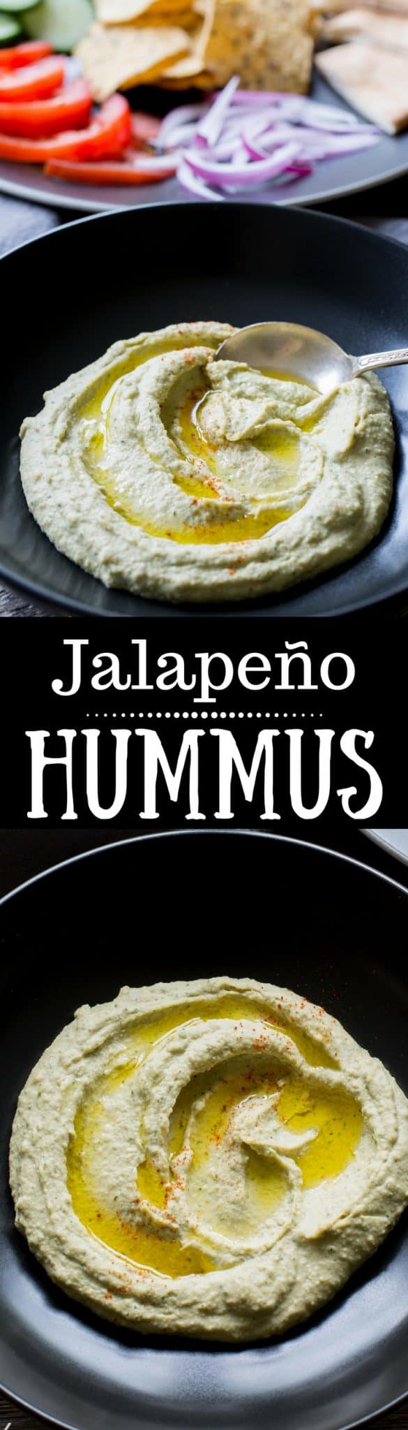 A creamy spicy hummus loaded with flavor from the jalapeño and cilantro. Serve with pita wedges, sliced tomatoes, cucumbers, onions and/or chips |  www.savingdessert.com