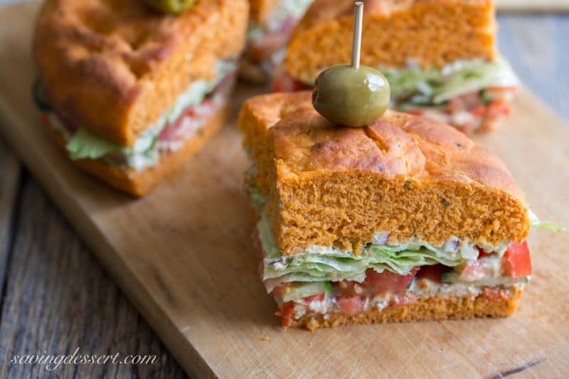 Mediterranean Sandwich on Tomato Basil Focaccia ~ from Saving Room for Dessert (www.savingdessert.com)