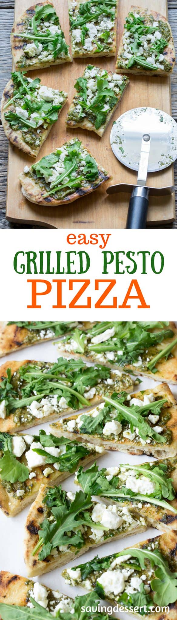 Easy Grilled Pesto Pizza ~A full flavored pizza made with fresh Basil Pesto and peppery arugula. Feta cheese adds a nice creamy bite to this simple but tasty pizza. www.savingdessert.com