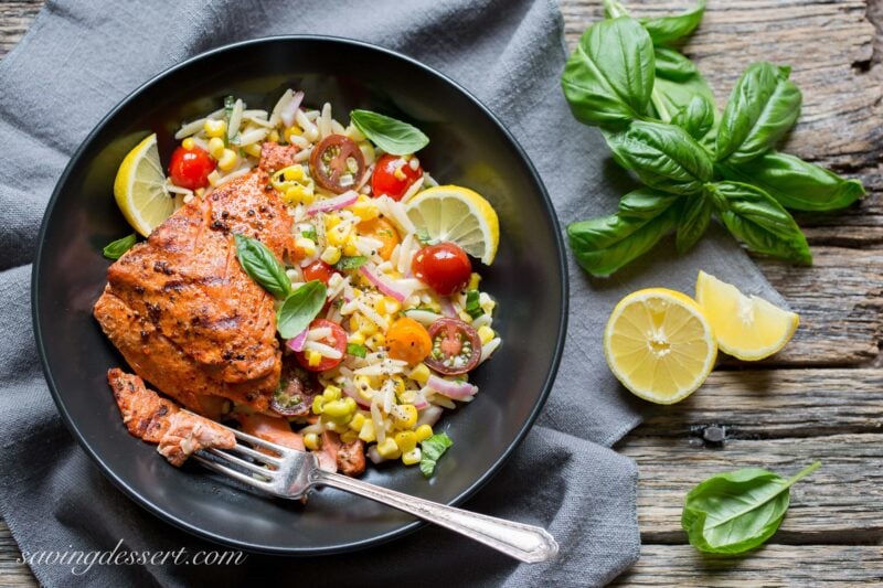 Grilled Salmon with an Orzo and fresh Corn Salad