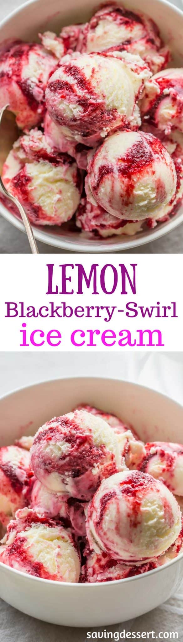 Lemon Ice Cream with a Blackberry Swirl ~ bright, tart lemon ice cream with a sweet blackberry swirl - this is a pretty terrific bowl of deliciousness!  www.savingdessert.com