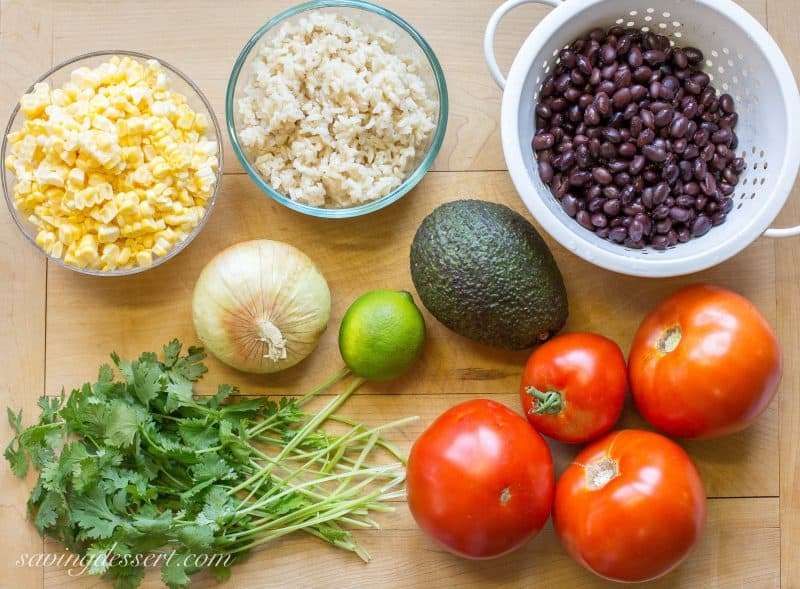 Meatless Monday Taco Salad - a deliciously spiced vegetarian salad layered with summer fresh corn and tomatoes