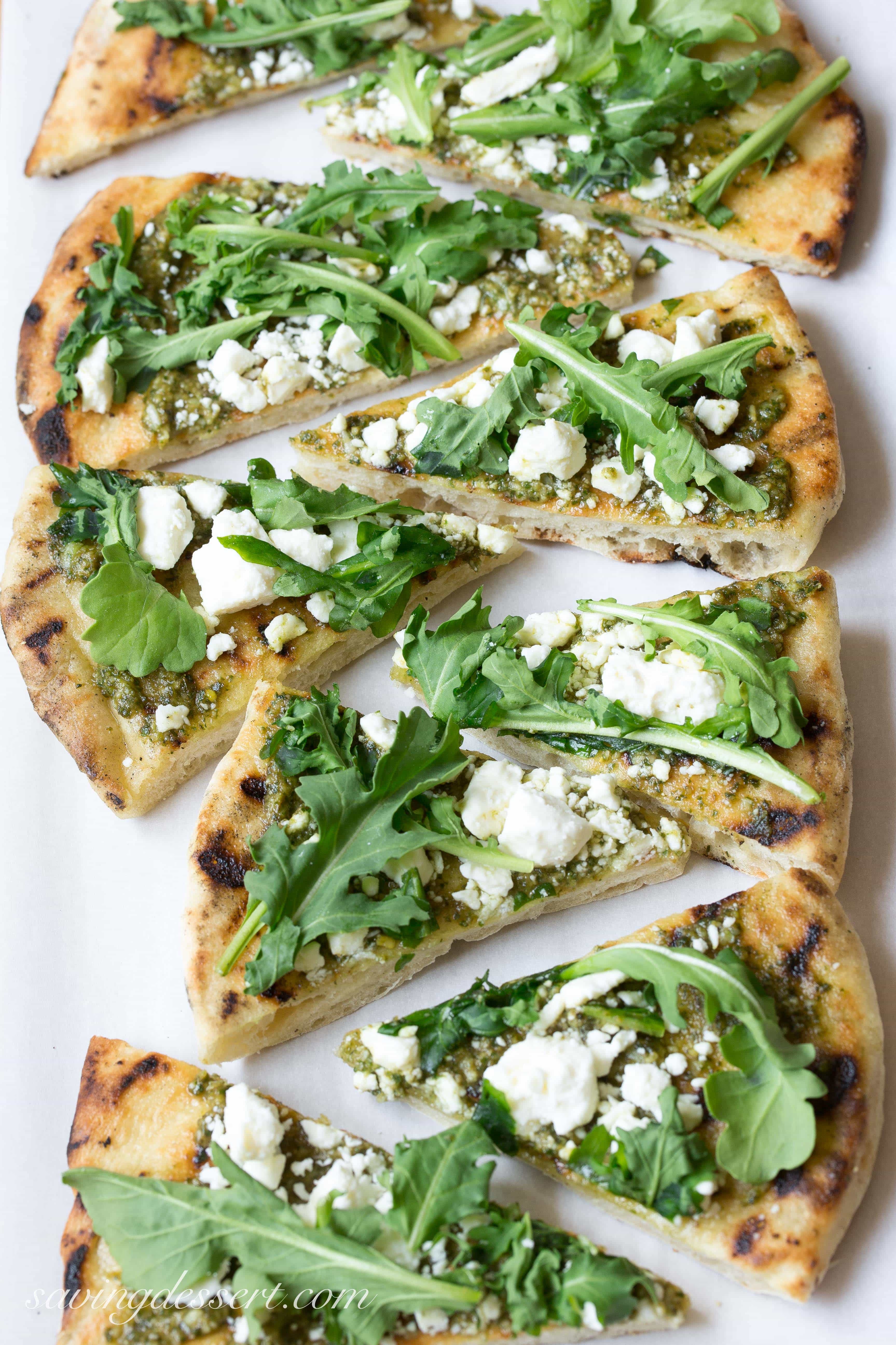 Grilled Pesto Pizza with Arugula and Feta - Saving Room for Dessert