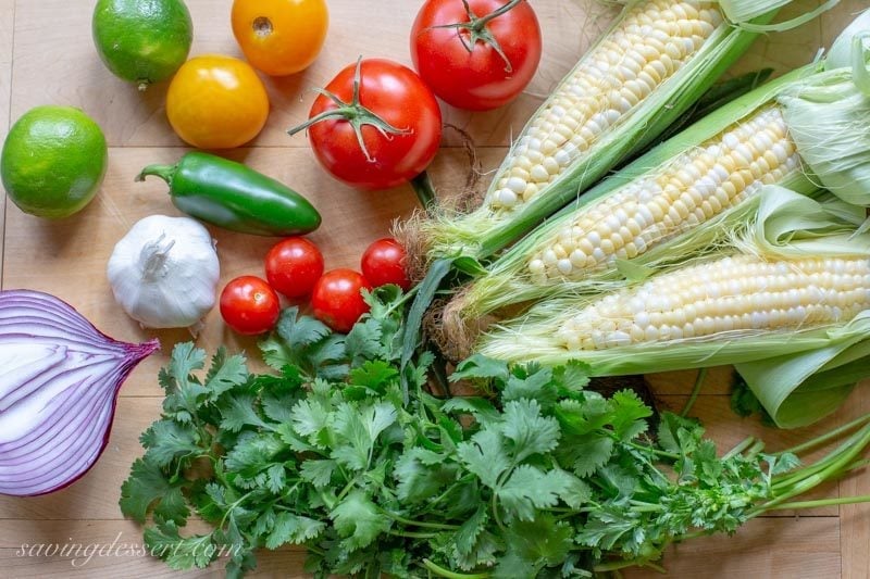 fresh corn, tomatoes, limes, garlic, onions and jalapeños