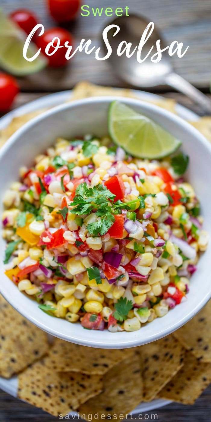 Sweet Corn Salsa - Sweet summer corn is the star of this fresh tasty salsa. Great served with chips, on chicken, fish or tacos - it's great on everything! #savingroomfordessert #corn #salsa #sweetcornsalsa #summercorn #mexican #chipsandsalsa